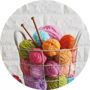 Yarn balls in wire basket